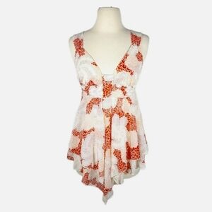 Top Ideology Women Floral Sleeveless Relaxed Fit Low Tank Flowy White Orange-S